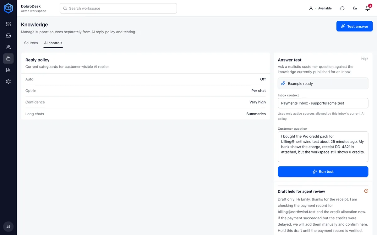 DobroDesk AI and knowledge screen with automation guardrails, sources and answer test panel.