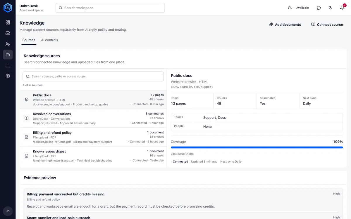 DobroDesk AI and knowledge screen with automation guardrails, sources and answer test panel.